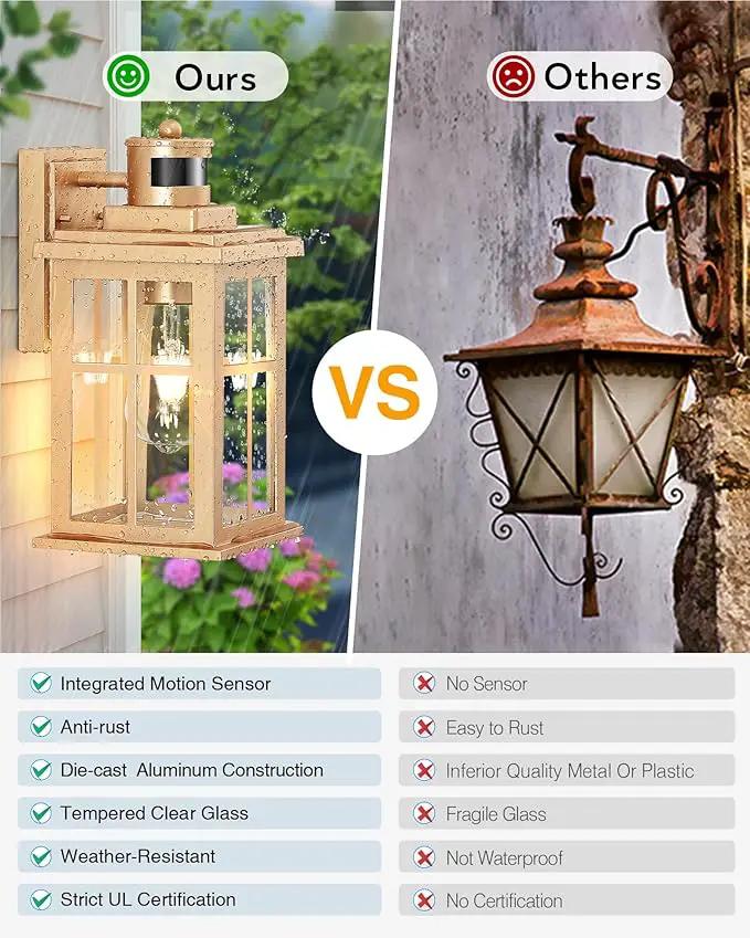 Gold Motion Sensor Outdoor Lights, Waterproof Exterior Lighting Fixtures, Aluminum Modern Outdoor Wall Lights Exterior, Transparent Glass Outdoor Porch Lights for House, Garden, Yard, E26 Base by GreenHaven Gardens