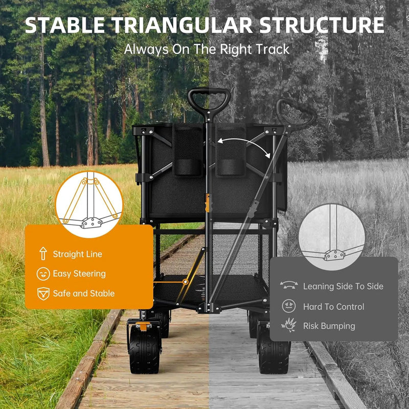 Foldable 50''L Extra Long Double Decker Wagon for Sport, 400L Collapsible Heavy Duty Wagon Cart with Big Wheels, Utility All-Terrain Large Extender Cart for Outdoors by GreenHaven Gardens