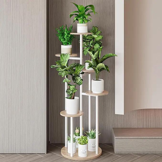 Plant Stand Indoor 6 Tier 9 Potted Multiple Flower Pot Holder for Patio Garden Balcony Living Room Corner (6 Tier White+Sonoma Oak) by GreenHaven Gardens