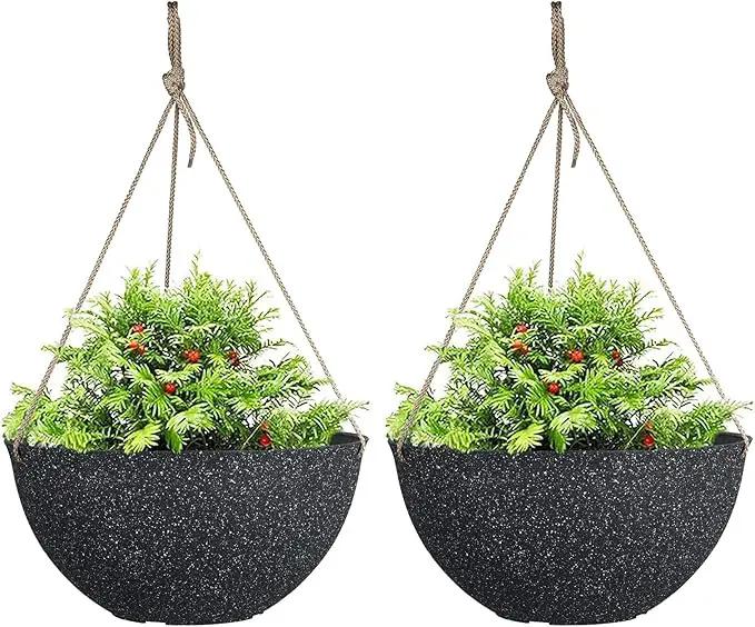 LA JOLIE MUSE Large Hanging Planters for Outdoor Plants - 13 Inch Hanging Basket for Patio Set of 2, Speckled Black by GreenHaven Gardens