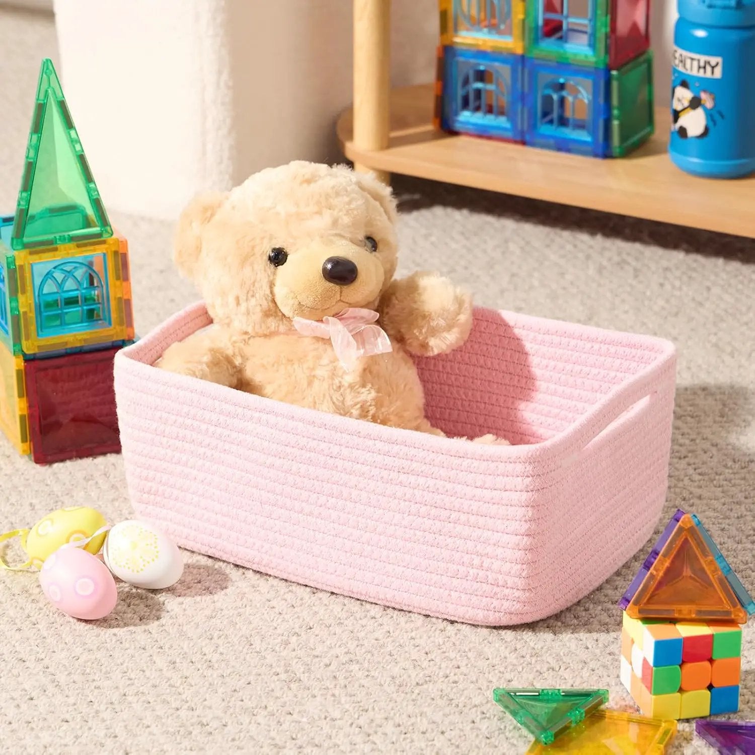 Small Storage Baskets for Organizing | Closet Organizer Bins | Shelf Toy Basket | Woven Rope Baskets | Cube Decorative Box | Shallow Basket | 13x8.5x5.1” | 3 Packs Pink by GreenHaven Gardens