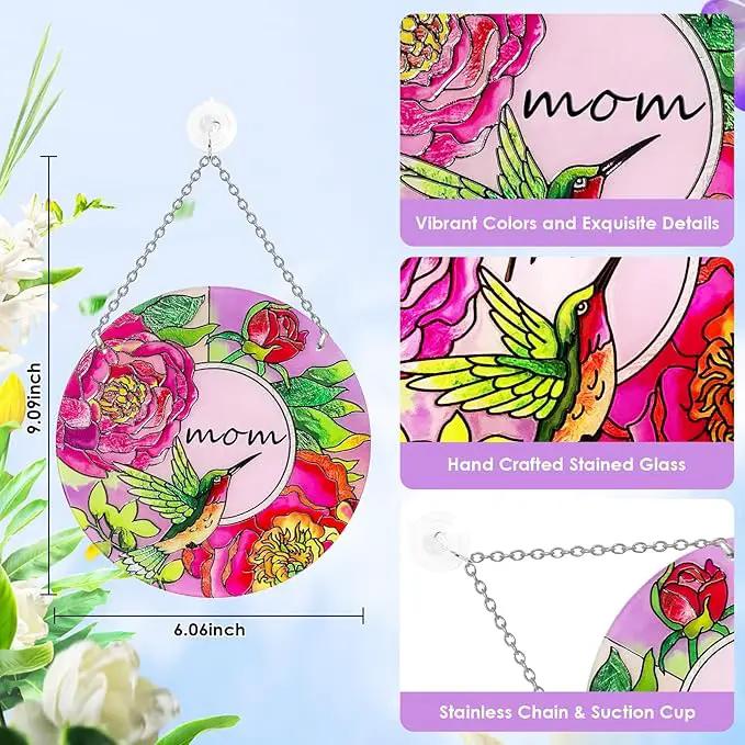 Hummingbird Gifts for Mom, Stained Glass Bird Window Hangings, Sun Catcher Ornament Hanging for Windows, Hummingbird Suncatcher for Women, Mother's Day Birthday Christmas (Suction Cup, 6in) by GreenHaven Gardens