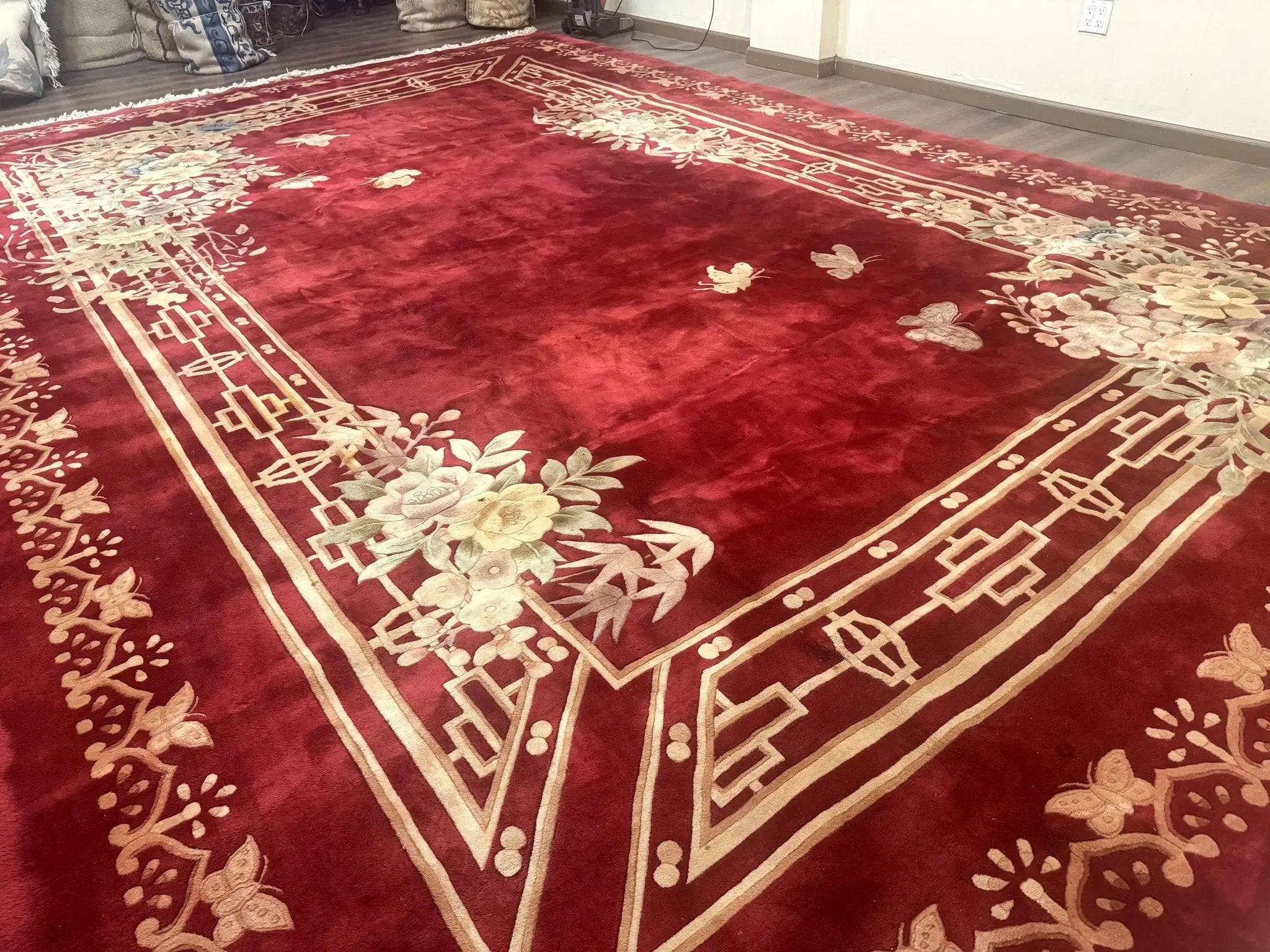 Palace Size Chinese Wool Rug 12x18, Red Art Deco Chinese Carving Carpet, Butterflies Flowers by Jewel Rugs