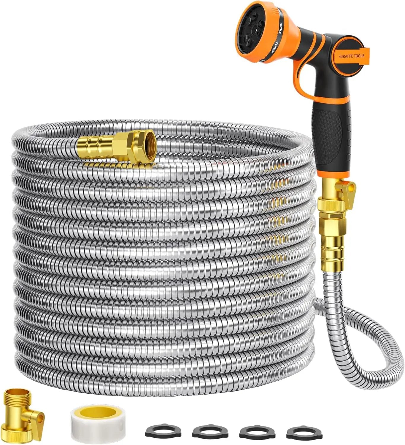 Girafe Tools Garden Hose 100ft x 5/8", 304 Stainless Steel Metal Water Hose, No Kink Garden Water Hose with 9 Pattern Spray Nozzle, Flexible, Lightweight, Kink Free Hose for Yard, Outdoor by GreenHaven Gardens