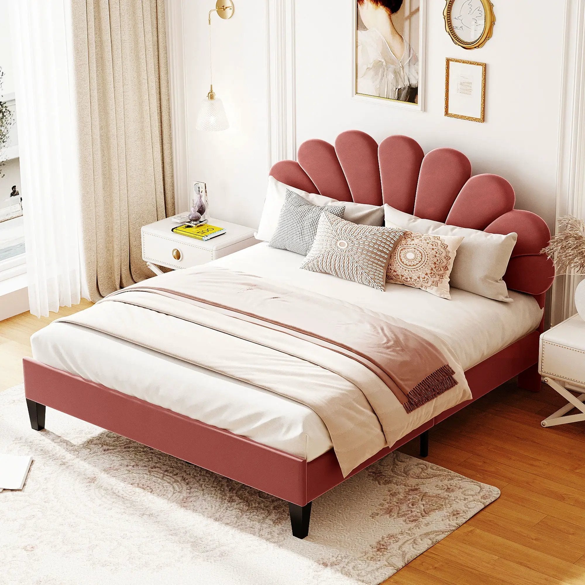 Upholstered Platform Bed With Flower Pattern Headboard by Unique Piece Furniture