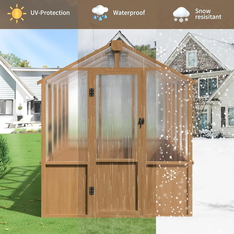Wooden Greenhouse 6x10 FT, Walk-in Greenhouse for Outdoors with 6MM Thick Polycarbonate Panel and Adjustable Roof Vents, Garden Backyard, Wood Colour by GreenHaven Gardens