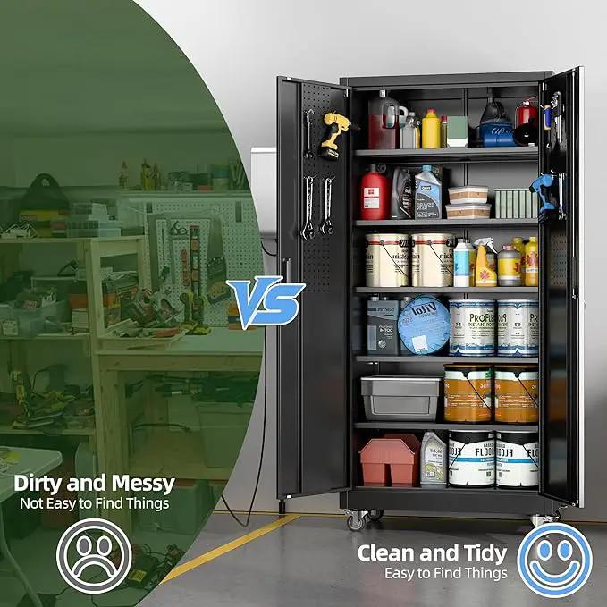 71" H×34" W×18" D Metal Garage Storage Cabinet with Wheels & Pegboard, Lockable Metal Storage Cabinets with 2 Doors&5 Adjustable Shelves for Garage&Home,Assembly Required,Black by GreenHaven Gardens