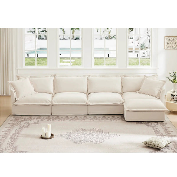 Slipcovered L Shape Sectional Long Sofa Couch - 4 Seater