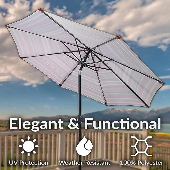 Sunnydaze Outdoor Patio Umbrella - Polyester Table Market Umbrella with Push-Button Tilt and Crank - 8 Sturdy Ribs - Awning Stripe - 9ft by GreenHaven Gardens