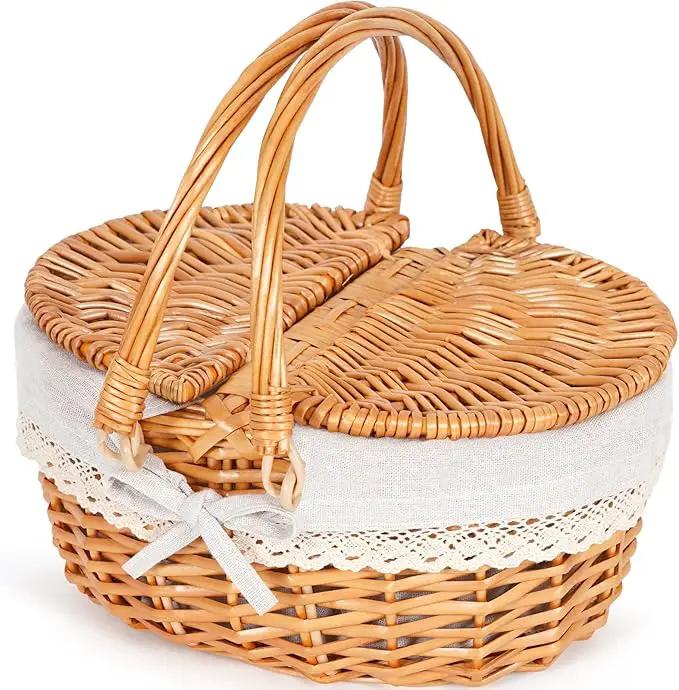 Happypicnic 12" Picnic Basket - Small Wicker Basket with Foldable Handle Lid & Removable Liner | Cute Picnic Basket Toy Empty for Kids, Gift, Halloween, Christmas, Valentines, Easter, Birthday, Solid by GreenHaven Gardens