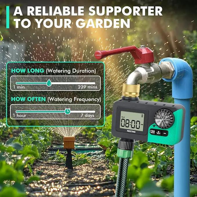 RESTMO Sprinkler Timer with Brass Inlet, Water Timer for Garden Hose, Rain Delay/Manual/Automatic for Outdoor Faucet, Drip Irrigation and Lawn Watering System by GreenHaven Gardens