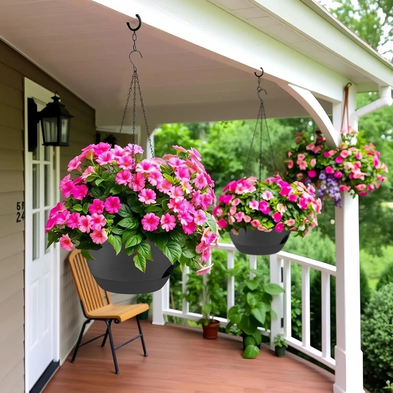 2 Pack 12 Inch Large Hanging Planters with Chains Self Watering Black Plastic Hanging Pots for Indoor Outdoor Plants, Garden Porch Home Decor，Black by GreenHaven Gardens