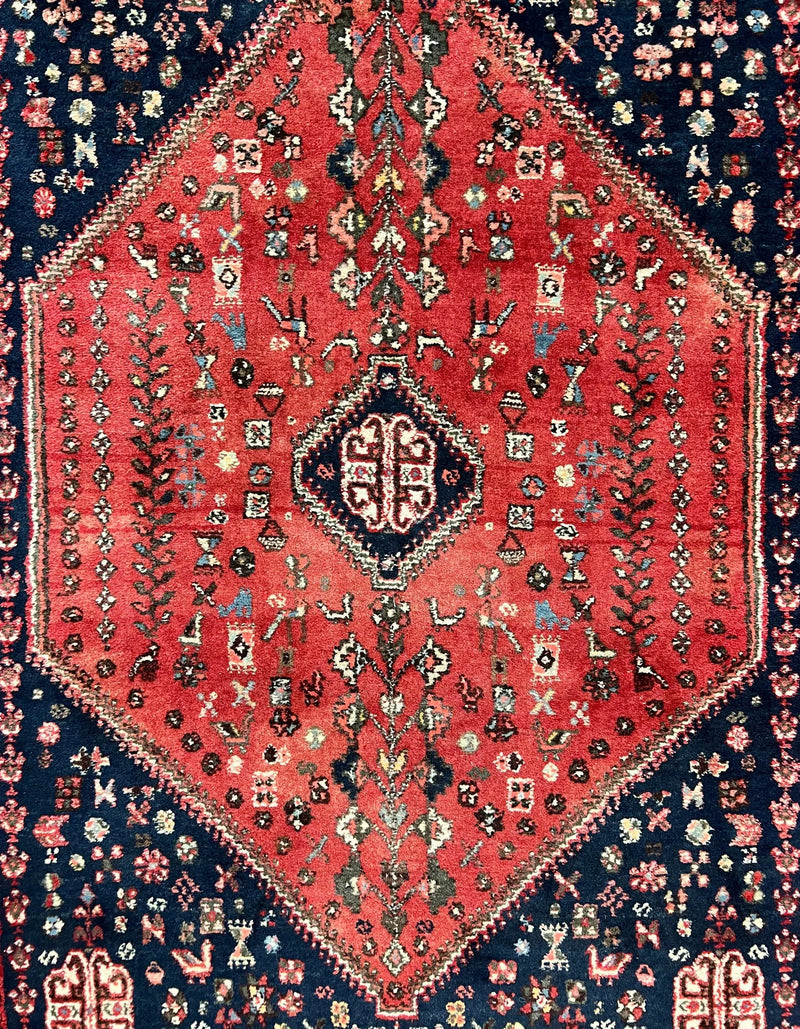 Persian Tribal Rug 3.6 x 5 ft, Persian Abadeh Rug, Geometric Medallion Bird Motifs, Red and Navy Blue Hand Knotted Handmade Wool Vintage Oriental Carpet by Jewel Rugs