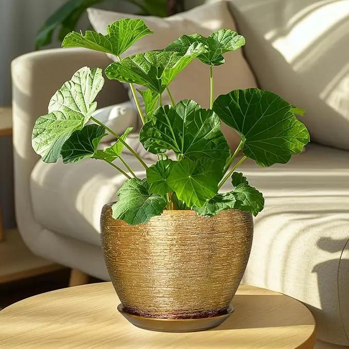 Ceramic Plant Pot 8 Inch - Planter for Outdoor Plants Indoor Plant Pot with Drainage Hole and Saucer Decorative Round Planter Modern Flower Pot for House Decor Gold by GreenHaven Gardens