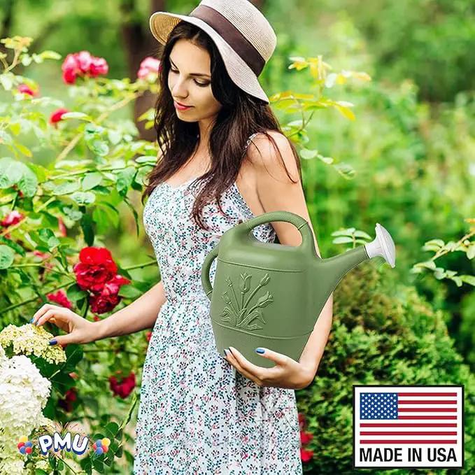 PMU 2 Gallon Watering Can - Garden Watering Can for Indoor & Outdoor Plants - Plastic Water Can with Detachable Sprinkler Head - Large Water Pot, Made in USA - Sage Green Pkg/1 by GreenHaven Gardens