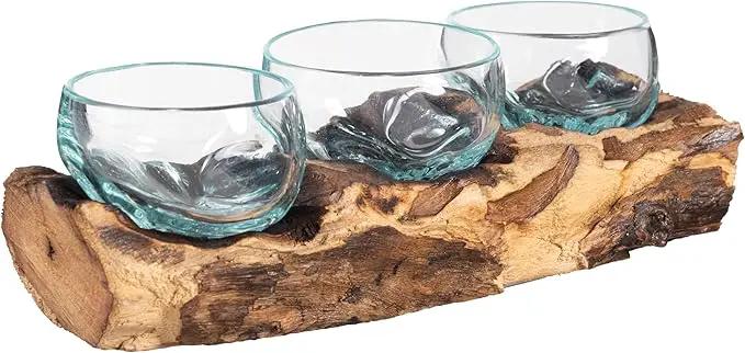 Cape Craftsmen Set of 3 Terrariums | Hand-Blown Blue Tinted Bubble Glasses On Natural Teak Driftwood Terrarium | Home Décor Indoor Planter with Stand | Glass Clear Pots for Succulent and Plants by GreenHaven Gardens
