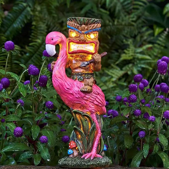 Solar Tiki Statue - Outdoor Statue - Solar Powered Garden Figurine Tiki Decoration for Bar, Patio, Balcony, Yard, Lawn, Table, Riding a Flamingo 13.66 Inches Tall by GreenHaven Gardens