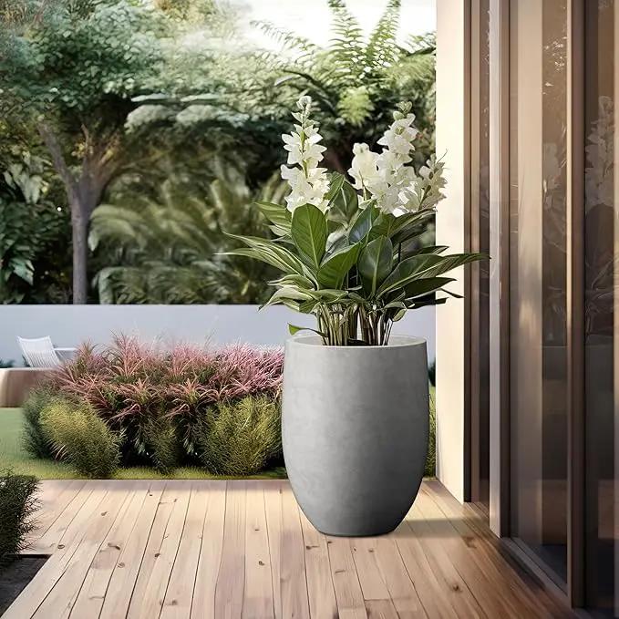 Kante 21.7" H Natural Concrete Tall Planter, Large Outdoor Indoor Decorative Pot with Drainage Hole and Rubber Plug, Modern Round Taper Style for Home and Patio by GreenHaven Gardens
