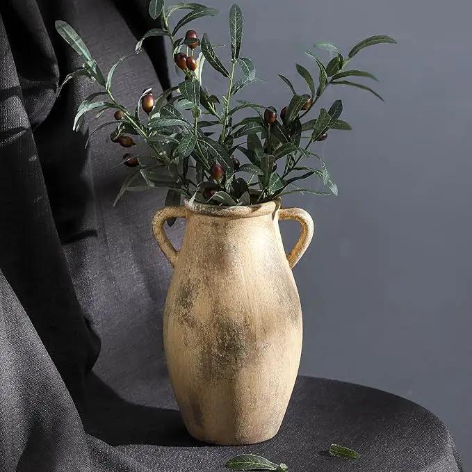Large Ceramic Vase,11.3 inch Tall Farmhouse Flower Vase with 2 Handles,Terracotta Decorative Flower Vase for Home Decor, Living Room Entryway Table Centerpiece Decor