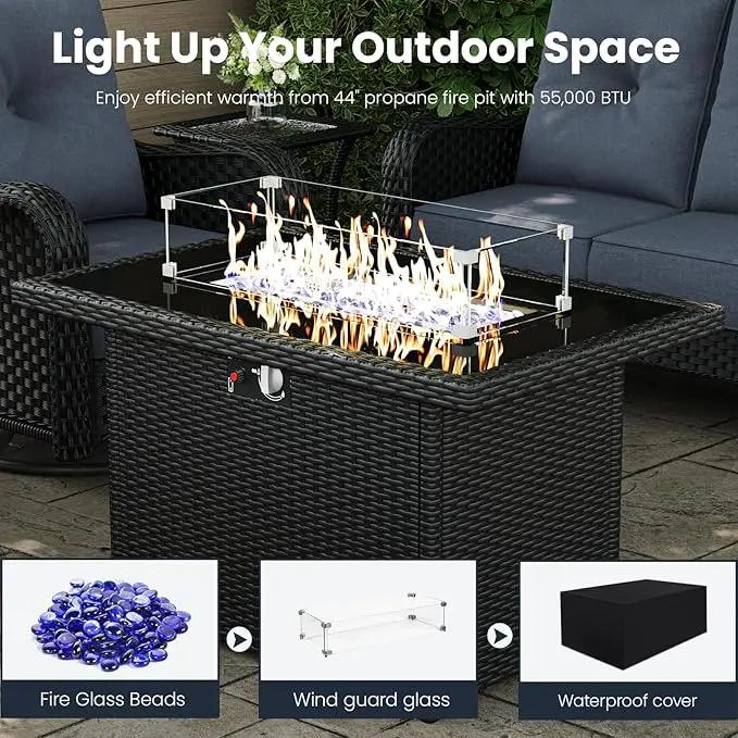 7 Pieces Outdoor Patio Furniture Sets with Single Chairs with 6-inch Thick Cushion and Fire Pit Table for Deck Lawn by GreenHaven Gardens