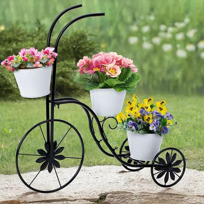 BAYN Bicycle Planter Stand, Metal Flower Pot Cart Holder Tricycle Planter with 3 Plant Bucket Outdoor Decorative for Patio, Deck, Garden or Lawn by GreenHaven Gardens