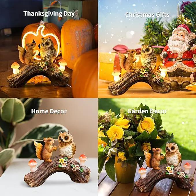Solar Owl Garden Statues Outdoor Decor Resin Owl Squirrel Figurine with Mushroom Lights for Patio Lawn Yard Decorations Christmas Housewarming Gardening Gifts for Women Mom by GreenHaven Gardens