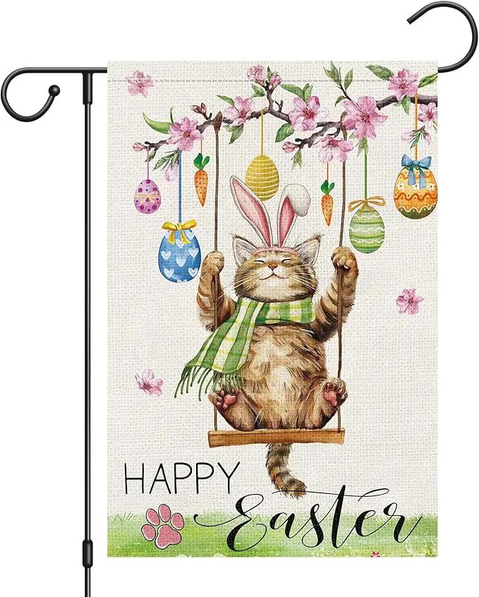 Heyfibro Happy Easter Cute Cat Garden Flag 12x18 Double Sided Burlap, Spring Summer Magnolia Flower Easter Egg Small Yard Banner for Seasonal Holiday Farmhouse Yard Outdoor Decor(ONLY FLAG) by GreenHaven Gardens