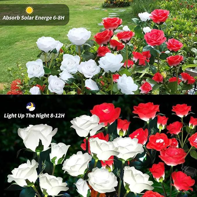 Solar Garden Lights, Solar Outdoor Lights with More Realistic 20 Rose Waterproof Solar Powered Flowers Lights for Outside Patio Yard Pathway Decorations, White and Red by GreenHaven Gardens