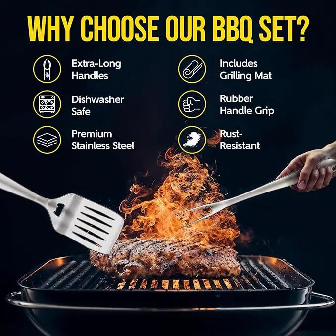 Kaluns BBQ Grilling Accessories, Grilling Gifts for Men Dad, Grill Tools for Outdoor Grill, Heavy Duty Stainless Steel Grill Set with Spatula, Tongs, Fork, Brush, & Grilling Mat, Best BBQ Gifts by GreenHaven Gardens
