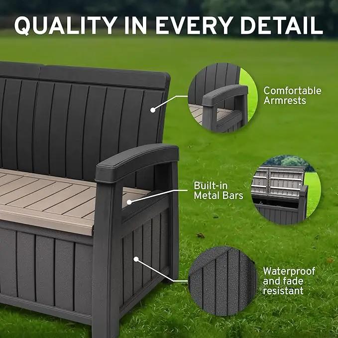 EconoHome 2 Seat Outdoor Storage Bench with Rain Cover - 60 Gallon Capacity - Weatherproof Resin Bench for Patio, Porch, Garden, Yard, Pool Area - Furniture for Pool Accessories, Gardening Tools by GreenHaven Gardens
