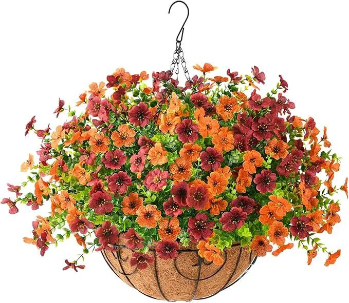 Artificial Fake Hanging Plants Flowers Basket, Faux Silk Daisy in Planter Realistic UV Resistant for Outside Home Patio Balcony Yard Spring Outdoor Decoration (Orange Brown) by GreenHaven Gardens