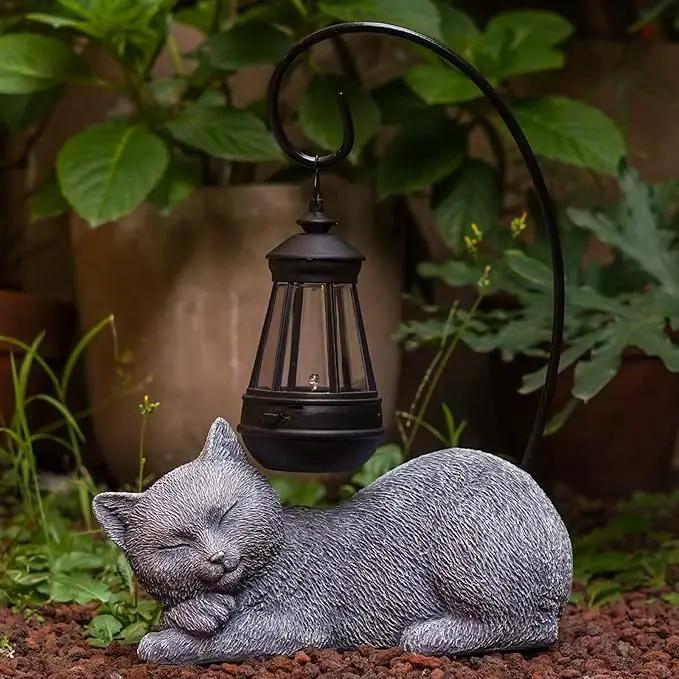 Solar Cat Garden Statue with Lantern, 13 Inch Tall Figurine for Outdoor Decor, Yard, Patio, Lawn and Porch, Solar-Powered Lights Sculpture by GreenHaven Gardens