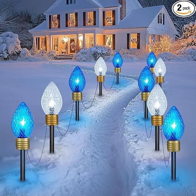 Moonflor Strawberry Jumbo C9 Christmas Pathway Lights Outdoor - 2Pack Total 17FT 10 LED C9 Walkway Light, Christmas Decoration Outside,Christmas Lights Outdoor for Lawn Yard Holiday, Blue & Pure White by GreenHaven Gardens