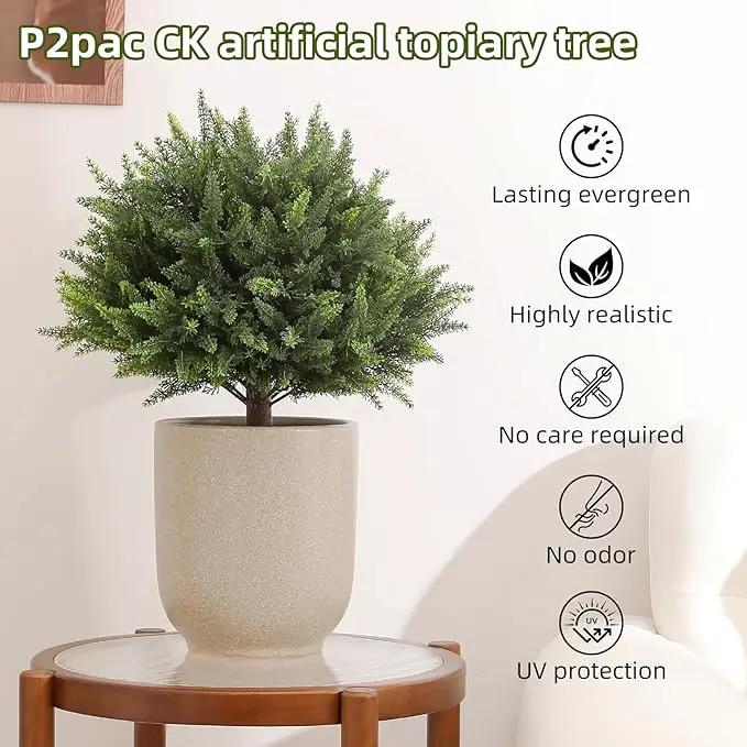 23.6Inch Artificial Cedar Topiary, 2 Pack UV Resistant Faux Evergreen Shrubs with Ground Spikes, Indoor Outdoor Potted Plants for Porch, Garden, Front Door Decor by GreenHaven Gardens