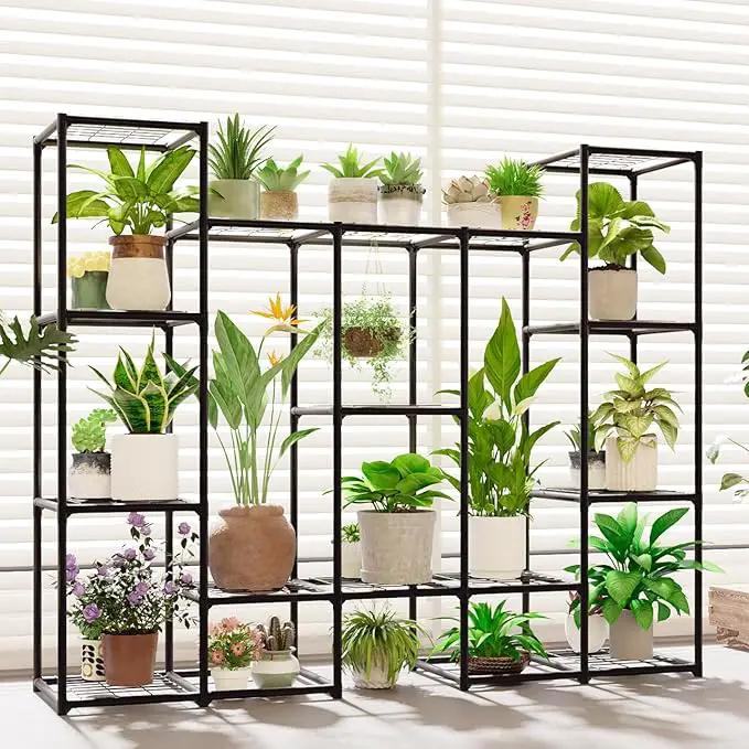 Large Plant Stand Indoor Outdoor Metal Plant Shelf Waterproof Plant Rack for Multiple Plants Wide Flower Stand for Patio Balcony Garden Black by GreenHaven Gardens