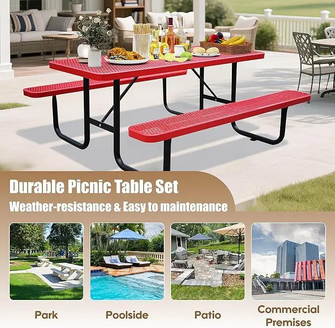 6FT Metal Picnic Tables for Outdoors, Commercial Rectangular Picnic Table and Bench Set for Outside, Patio, Garden, Backyard, Porch, Surface Mount, Red by GreenHaven Gardens