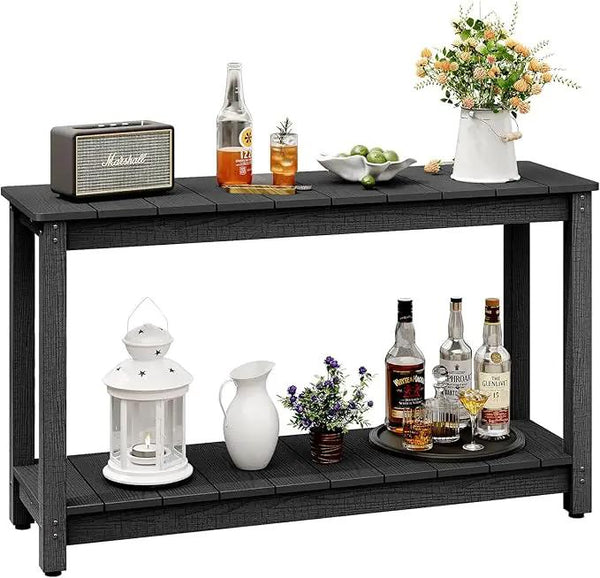 Outdoor Console Table, 48" Weather Resistant HIPS Patio Side Table, 440LBS Weight Capacity, 2-Tier Multifunctional Buffet Bar Storage Organizer for Garden Deck, Black