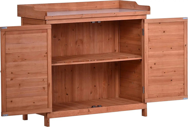 Merax Outdoor 39" Potting Bench Table, Rustic Garden Wood Workstation, Storage Cabinet with 2-Tier Shelves and Side Hook, Orange by GreenHaven Gardens