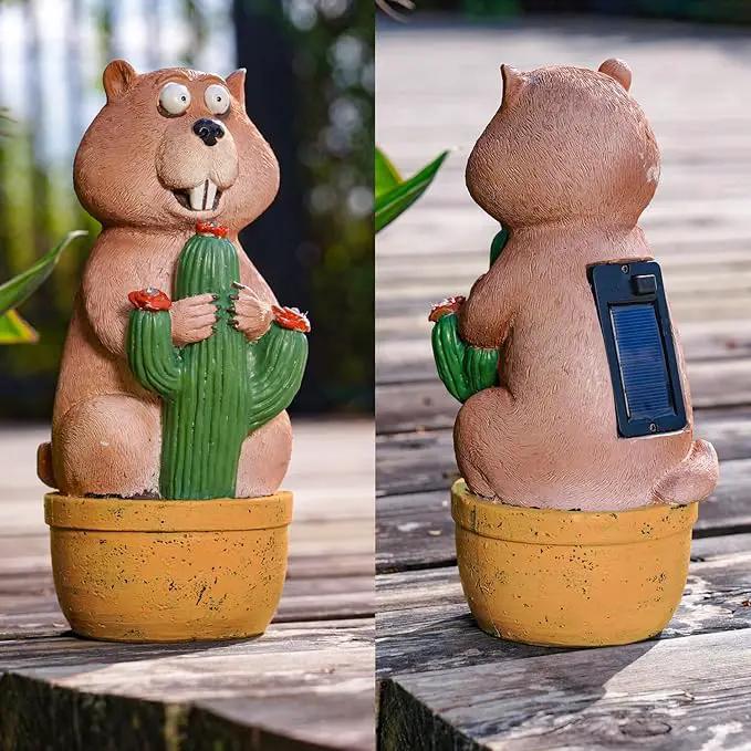Solar Groundhog Garden Statue with LED Lights - Resin Cactus Planter Ornament for Outdoor Decor, Lawn, Patio, Yard, and Balcony, Unique Garden Gift for Women, Mom, and Grandma by GreenHaven Gardens