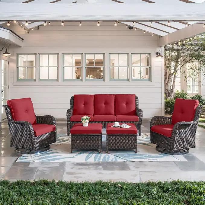 5 Piece Outdoor Patio Furniture Set - Wicker Furniture Patio Conversation Set, Outdoor Swivel Rocker Chairs with 3-Seater Sofa and 2 Ottomans for Small Space, Red Cushion by GreenHaven Gardens