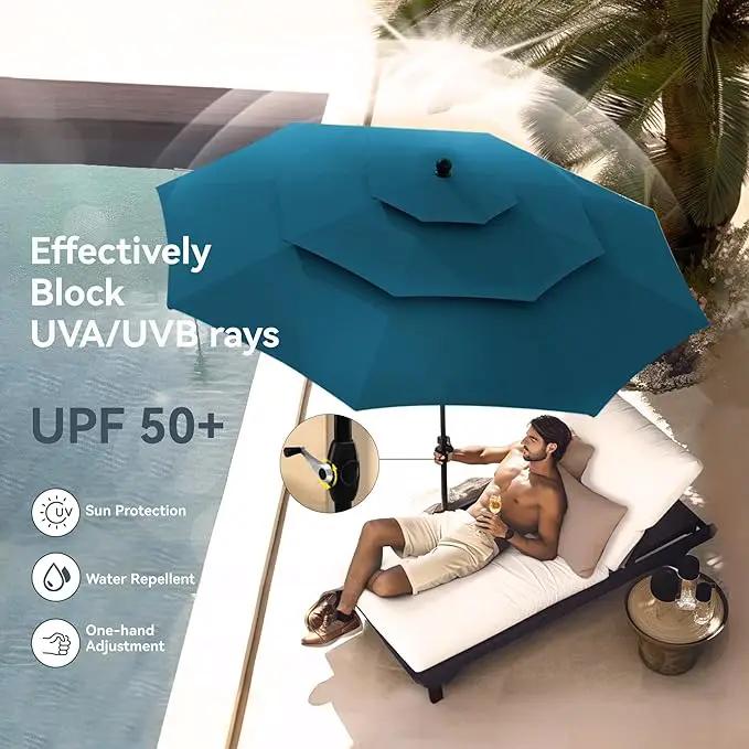 PHI VILLA 10ft Outdoor Patio Umbrellas for Outside, 3 Tier Vented Market Table Umbrella Windproof for Backyard, Deck, Garden, 1.5" Pole, Cyan（No Base） by GreenHaven Gardens