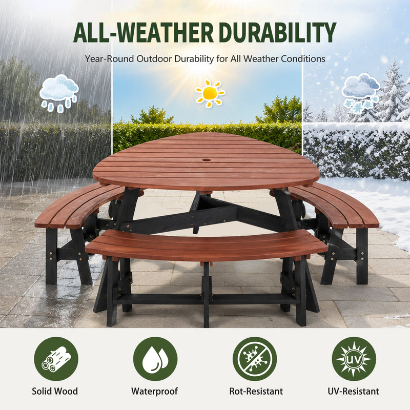 6-Person Semi-Circular Outdoor Solid Fir Wood Picnic Table Set, Rustic by HouseOfZazla
