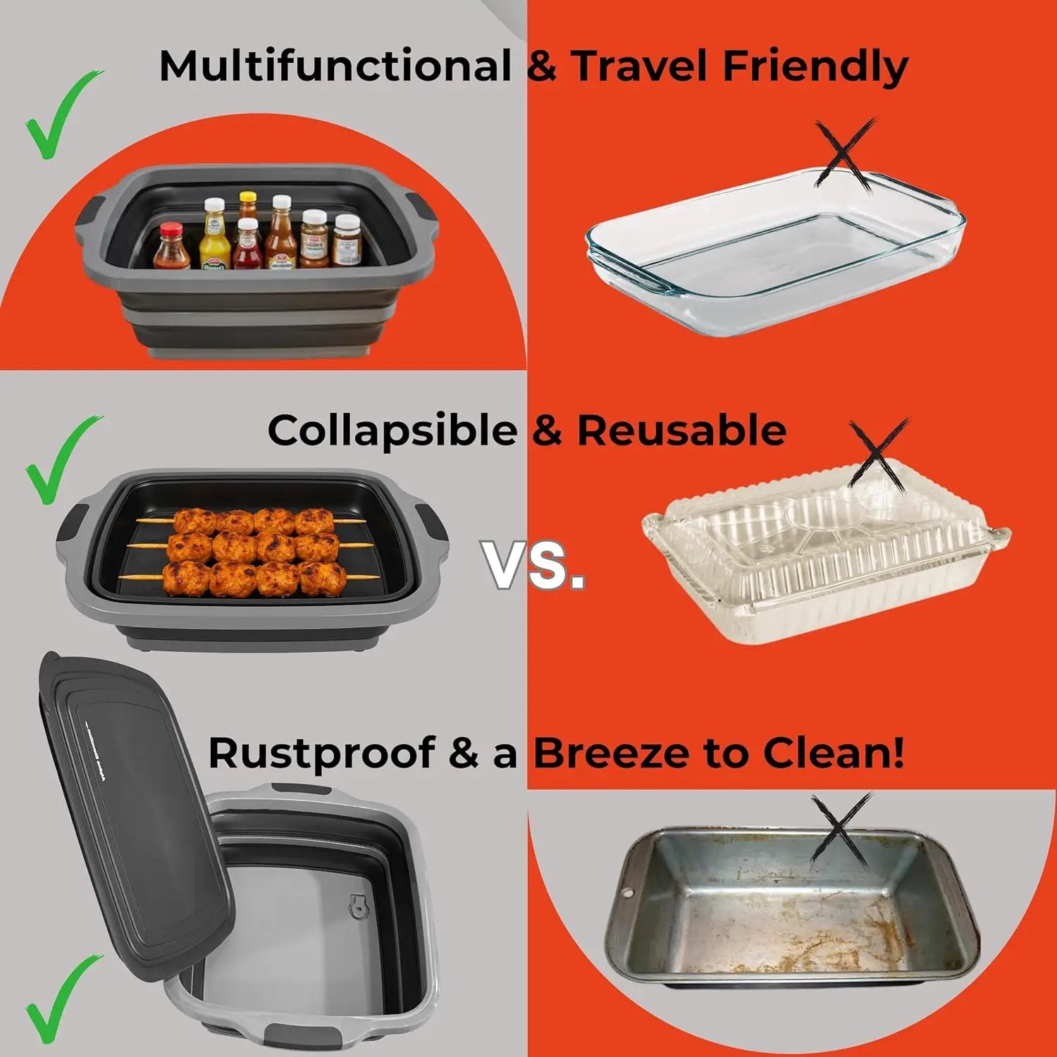 Collapsible X-Large (16L) BBQ Marinating Tub w/Cutting Board | Multipurpose Food-Grade TPE Prep Tub w/Lid | Built-In Colander & Drain Plug - For Camping | Tailgate | Picnic - Slate Black by GreenHaven Gardens