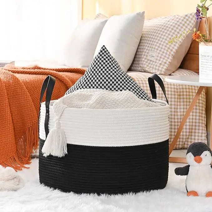 KAKAMAY Large Blanket Basket (20"x13"),Woven Baskets for storage Baby Laundry Hamper, Cotton Rope Blanket Basket for Living Room, Laundry, Nursery, Pillows, Baby Toy chest (White/Black) by GreenHaven Gardens
