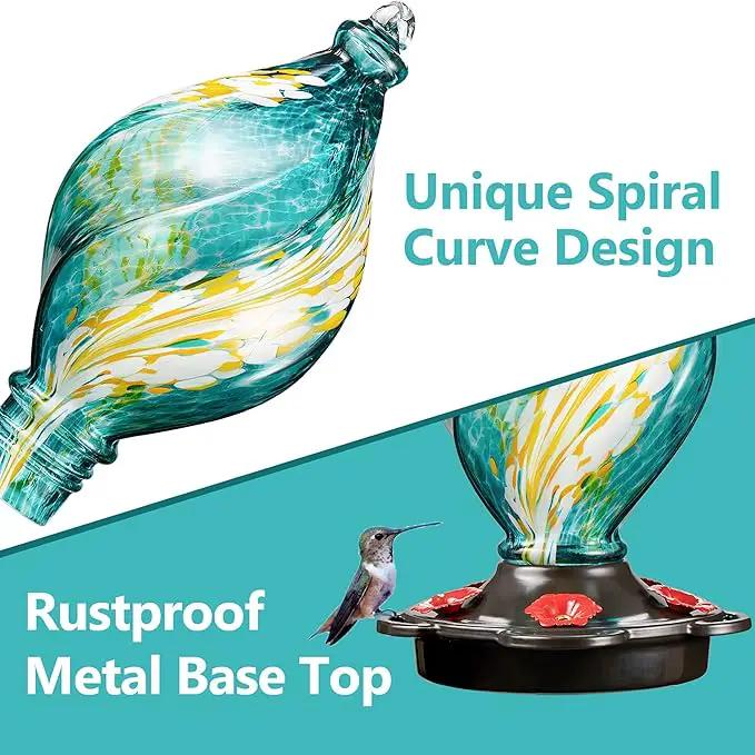 LUJII Ice Cream Shaped Spiral Hummingbird Feeder for Outdoors Hanging, Hand Blown Glass, 28 fl.oz, Leak Proof & Rustproof, Includes an Ant Moat with Hook, Unique & Stylish Glass Art & Decor (Teal) by GreenHaven Gardens