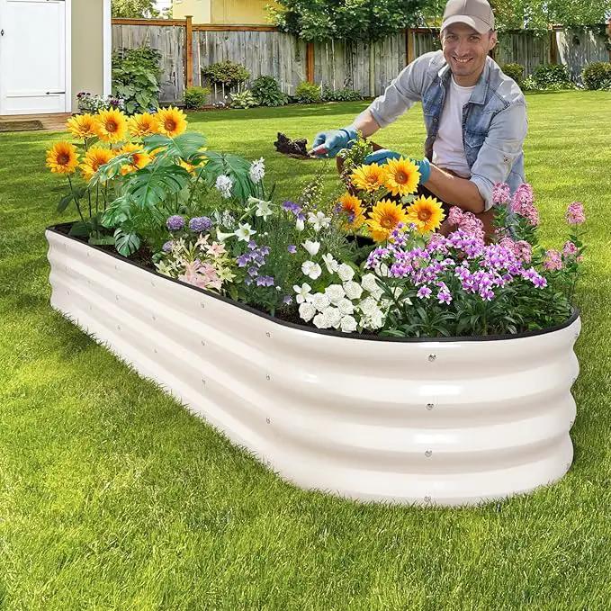 Galvanized Raised Garden Bed - 8×2×1ft Planter Raised Beds for Gardening | Oval Metal Garden Planter Box with Safety Edging and Bracing Rods for Vegetables Fruits and Flowers (White) by GreenHaven Gardens
