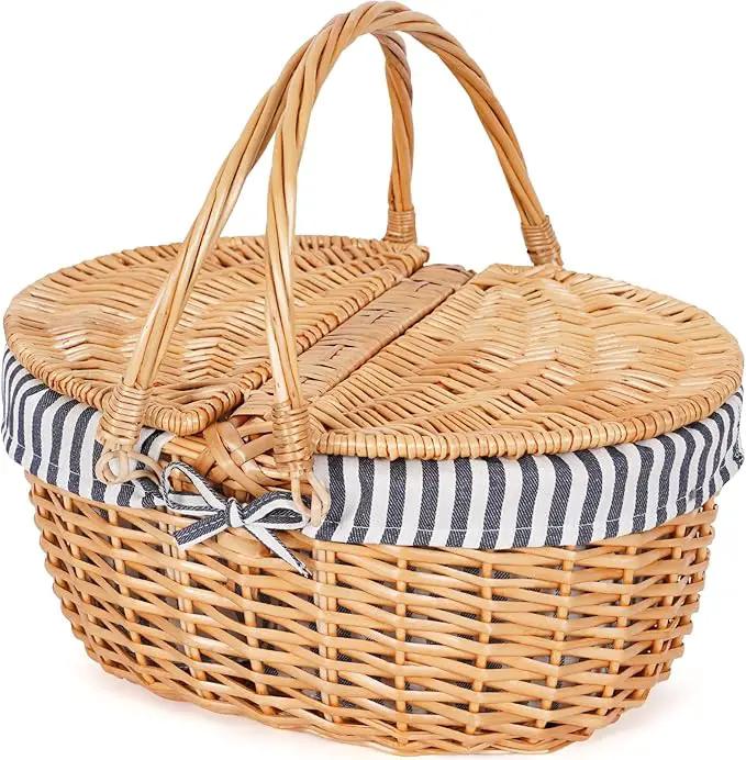 Happypicnic Wicker Picnic Basket with Handle, 15" Large Empty Picnic Basket with Lid & Removable Liner, Vintage Hand Woven Basket for Picnics, Camping, Veg Picking, Mother'S Day, Thanksgiving (Stripe) by GreenHaven Gardens