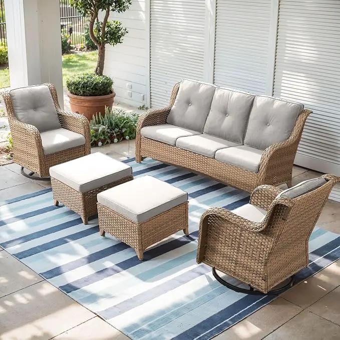 Outdoor Wicker Patio Furniture Set - 5 Piece Rattan Patio Conversation Set with 2 Rocking Swivel Chairs,2 Ottomans and 1 Sofa for Porch Deck Backyard Garden(Yellow/Beige) by GreenHaven Gardens