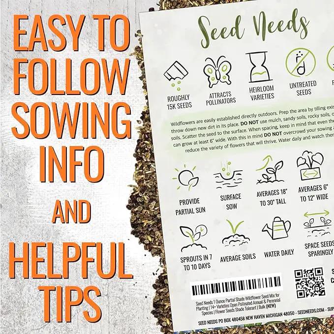 Seed Needs Partial Shade Wildflower Seed Mix for Planting | 10 Packs (1 Ounce Each) 14+ Varieties Open Pollinated Annual & Perennial Species | Flower Seeds Shade Tolerant | Bulk by GreenHaven Gardens