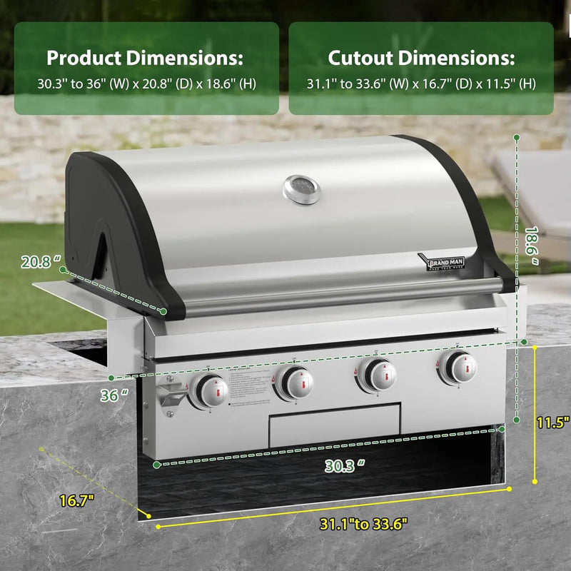Brand-Man Gas Grill Built-In Head, 30-Inch 4-Burner Propane Grill, Natural Gas Convertible, Heavy Duty 304 Stainless Steel 40,000BTUs BBQ Island Outdoor Kitchen by GreenHaven Gardens